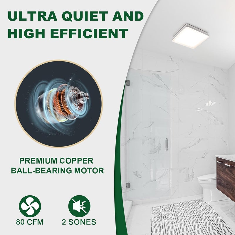 Akicon Bathroom Exhaust Fan with Shower Light, 15W Dimmable 3CCT LED with 3.5W Night Light Vent Fans, 80 CFM, 2 Sones Bath Fan Light Combo for Bathroom and Home, Square, Silver - Image 2